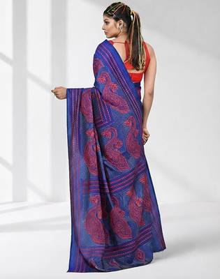 vibrant blue bangalore silk blend kantha stitch saree with red ethnic motif 3