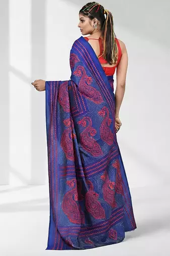 vibrant blue bangalore silk blend kantha stitch saree with red ethnic motif
