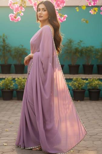 Lavender Satin Designer Saree with lace border and blouse 