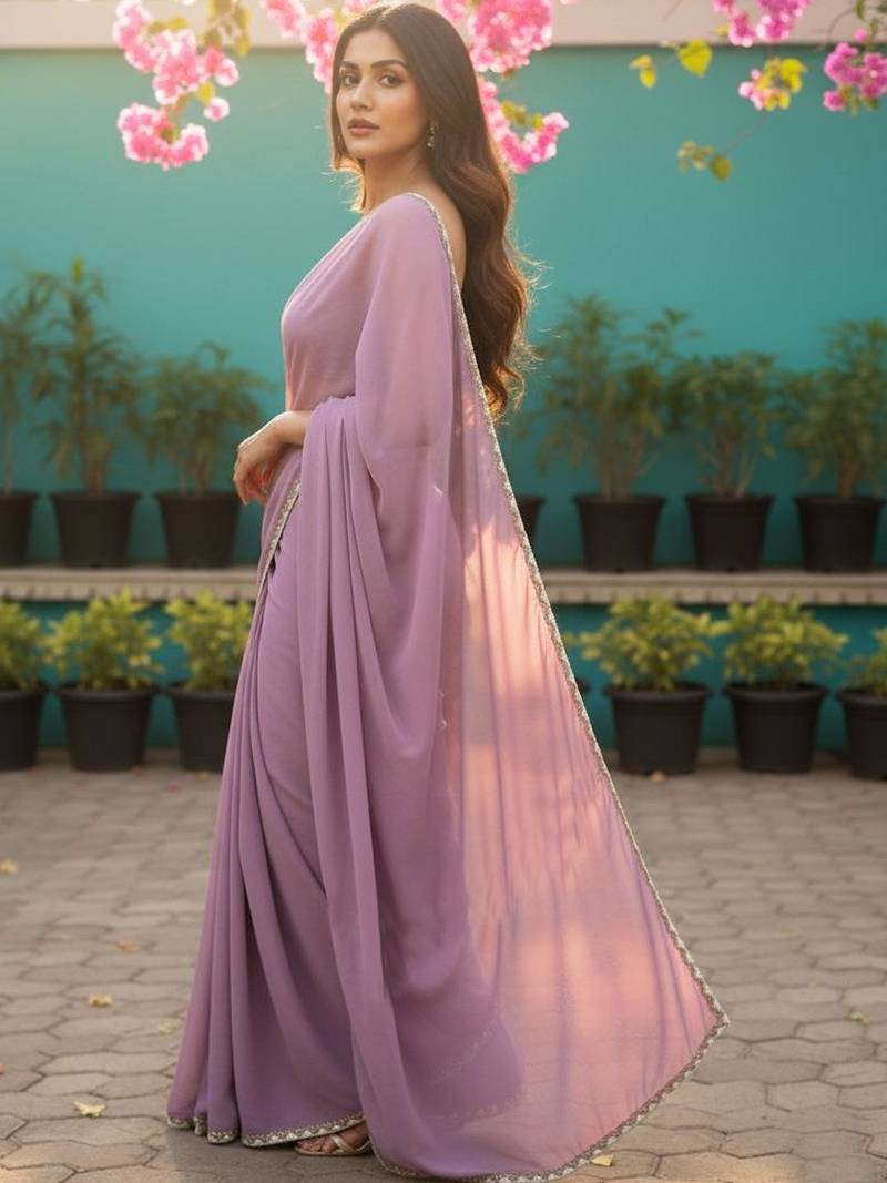 Lavender Satin Designer Saree with lace border and blouse 