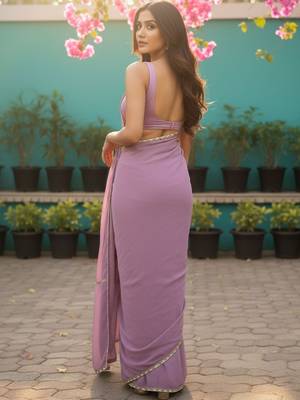 Lavender Satin Designer Saree with lace border and blouse  2