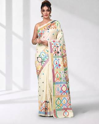 off white gujrati work kantha stitch silk blend soft saree 1