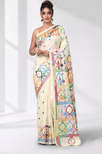 off white gujrati work kantha stitch silk blend soft saree