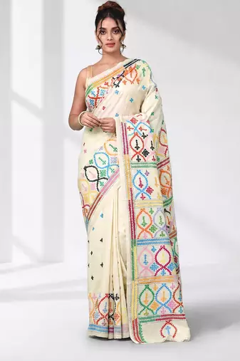 off white gujrati work kantha stitch silk blend soft saree