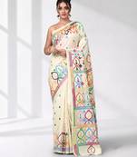 off white gujrati work kantha stitch silk blend soft saree