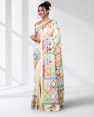 off white gujrati work kantha stitch silk blend soft saree 2