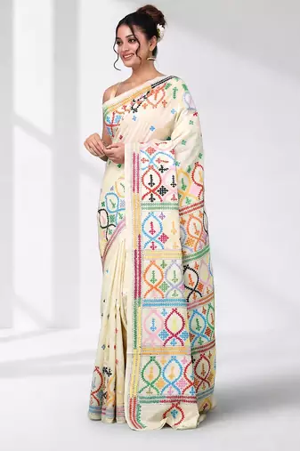 off white gujrati work kantha stitch silk blend soft saree