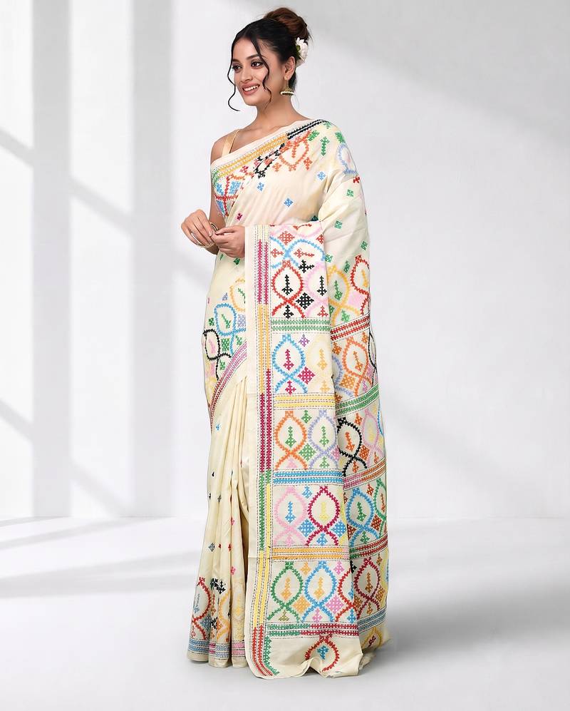off white gujrati work kantha stitch silk blend soft saree