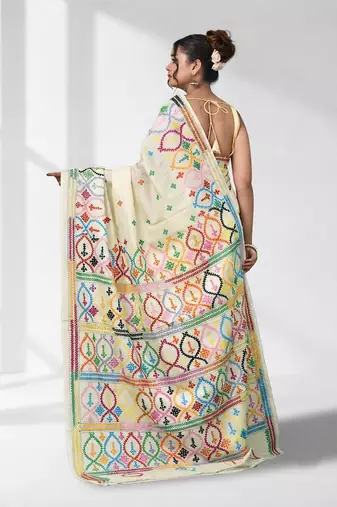 off white gujrati work kantha stitch silk blend soft saree