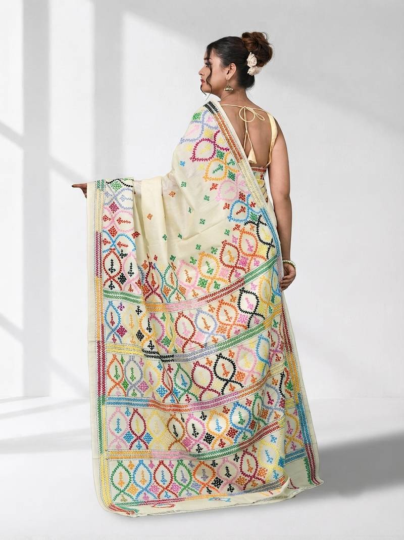 off white gujrati work kantha stitch silk blend soft saree