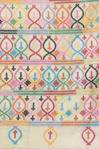 off white gujrati work kantha stitch silk blend soft saree