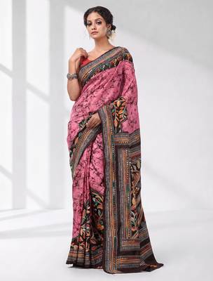 pink and black bangalore silk blend kantha stitch handwoven saree 1