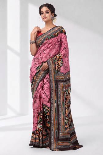 pink and black bangalore silk blend kantha stitch handwoven saree