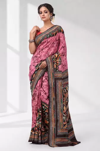 pink and black bangalore silk blend kantha stitch handwoven saree
