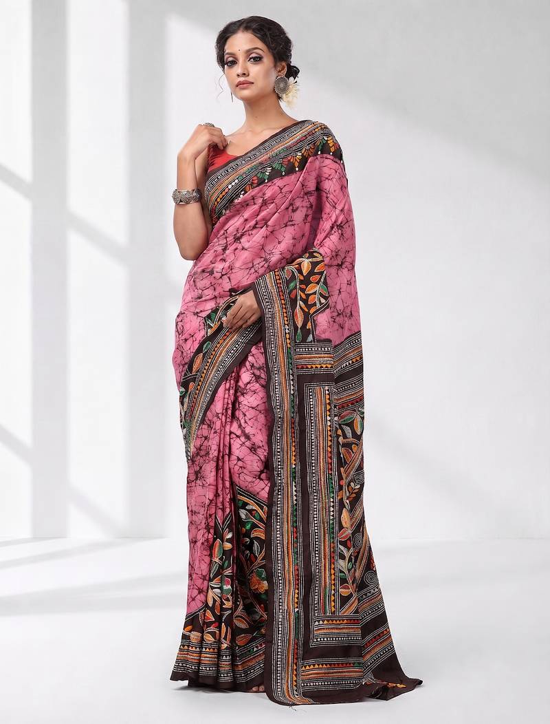 pink and black bangalore silk blend kantha stitch handwoven saree