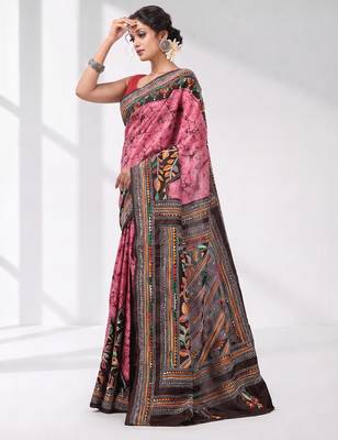 pink and black bangalore silk blend kantha stitch handwoven saree 2