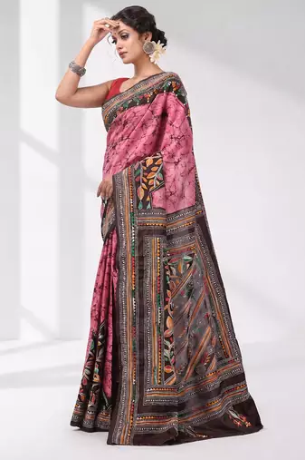 pink and black bangalore silk blend kantha stitch handwoven saree