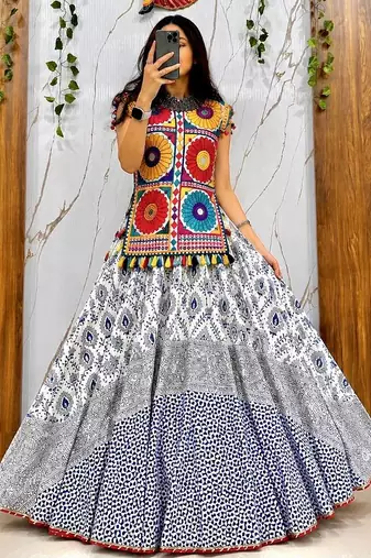 Multicolour Silk Navratri Lehnega Choli With Dupatta