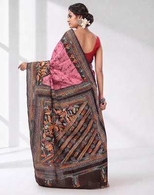 pink and black bangalore silk blend kantha stitch handwoven saree 3