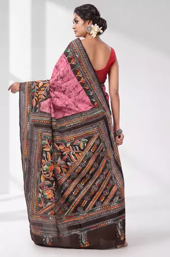 pink and black bangalore silk blend kantha stitch handwoven saree