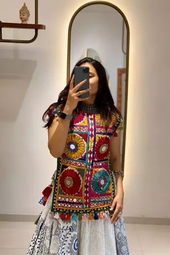 Multicolour Silk Navratri Lehnega Choli With Dupatta