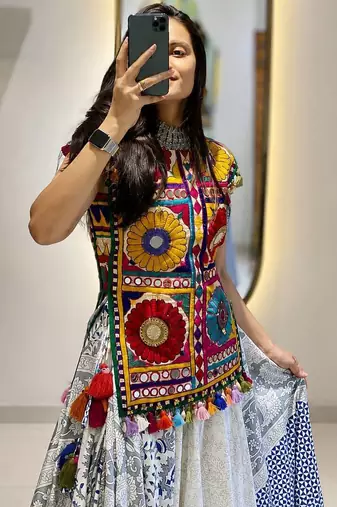 Multicolour Silk Navratri Lehnega Choli With Dupatta