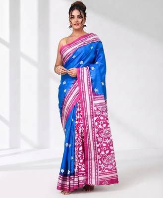 sky blue kantha stitch bangalore silk blend soft saree 1