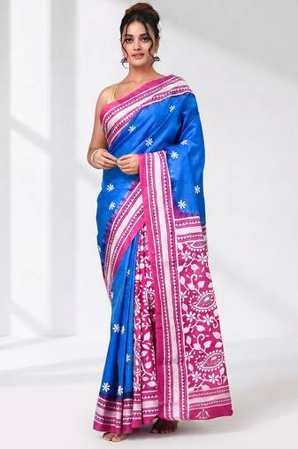sky blue kantha stitch bangalore silk blend soft saree