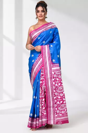 sky blue kantha stitch bangalore silk blend soft saree