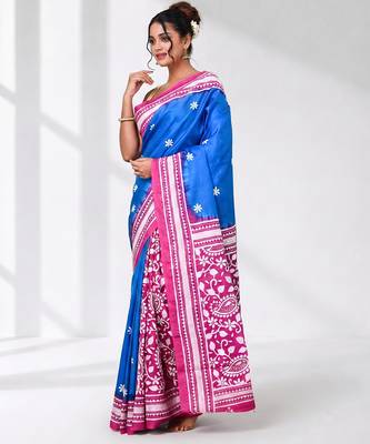 sky blue kantha stitch bangalore silk blend soft saree 2