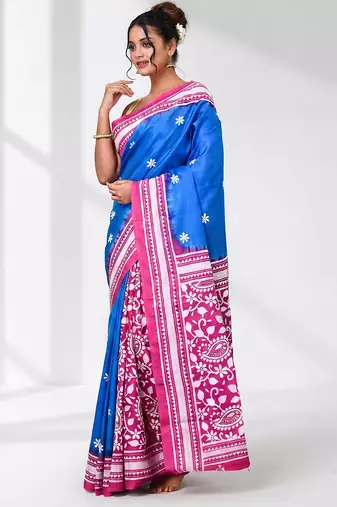 sky blue kantha stitch bangalore silk blend soft saree