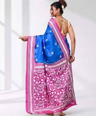 sky blue kantha stitch bangalore silk blend soft saree 3