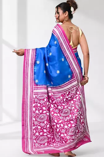 sky blue kantha stitch bangalore silk blend soft saree