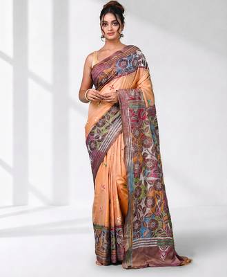 peach kantha stitch silk blend soft saree 1