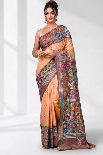 peach kantha stitch silk blend soft saree