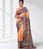 peach kantha stitch silk blend soft saree