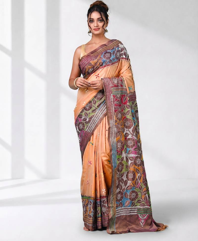 peach kantha stitch silk blend soft saree
