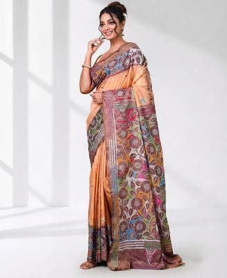 peach kantha stitch silk blend soft saree 2