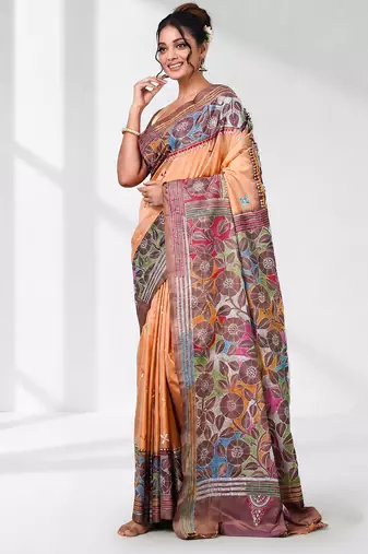 peach kantha stitch silk blend soft saree