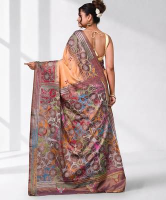 peach kantha stitch silk blend soft saree 3