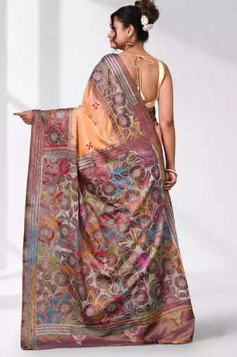 peach kantha stitch silk blend soft saree