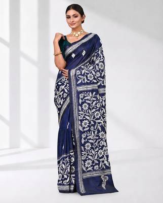 navy blue kantha stitch silk blend soft saree 1