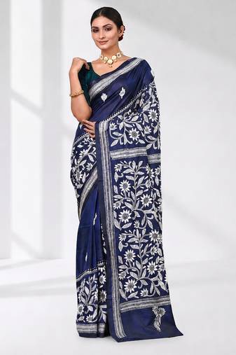 navy blue kantha stitch silk blend soft saree