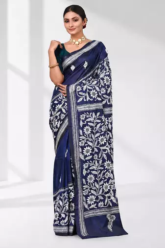 navy blue kantha stitch silk blend soft saree