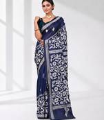 navy blue kantha stitch silk blend soft saree