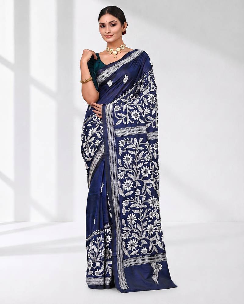 navy blue kantha stitch silk blend soft saree