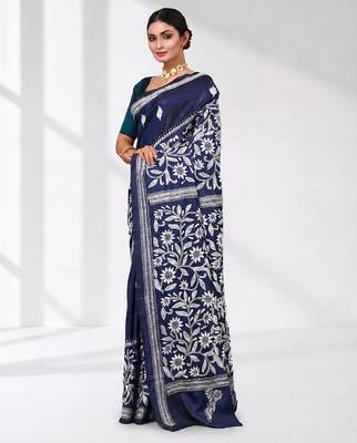 navy blue kantha stitch silk blend soft saree 2