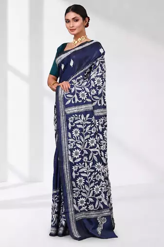 navy blue kantha stitch silk blend soft saree