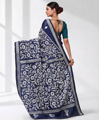 navy blue kantha stitch silk blend soft saree 3