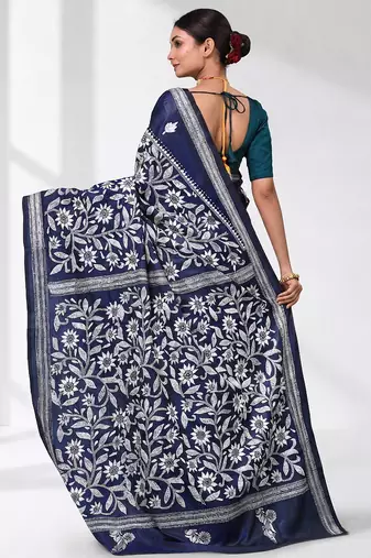 navy blue kantha stitch silk blend soft saree